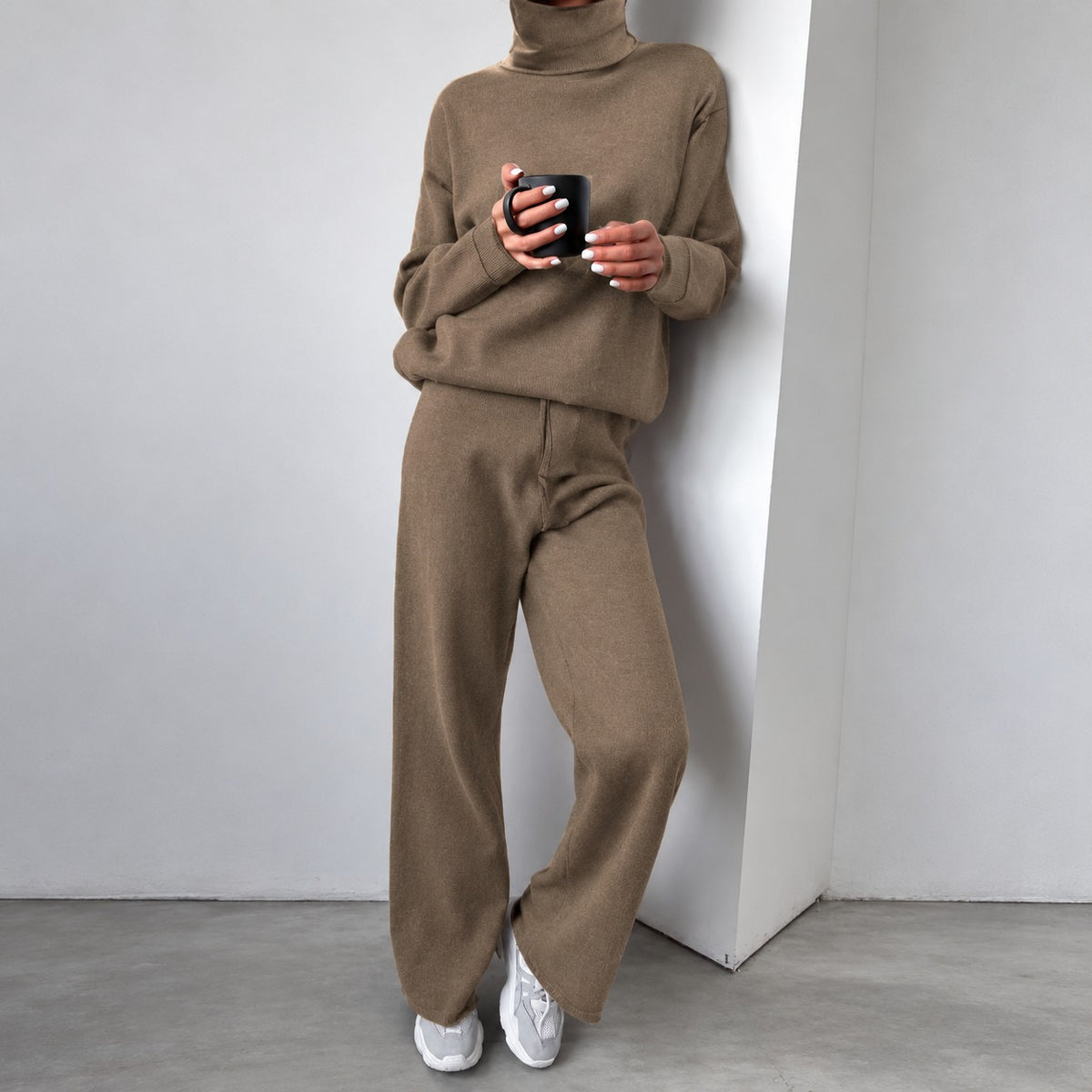 Conjunto casual para mujer suéter de cuello alto y pantalones de pierna ancha de ajuste relajado