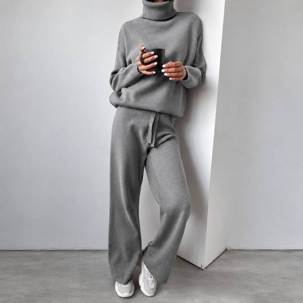 Conjunto casual para mujer suéter de cuello alto y pantalones de pierna ancha de ajuste relajado