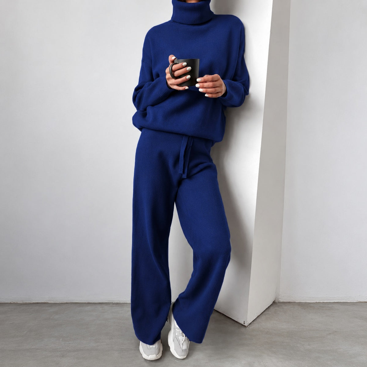 Conjunto casual para mujer suéter de cuello alto y pantalones de pierna ancha de ajuste relajado
