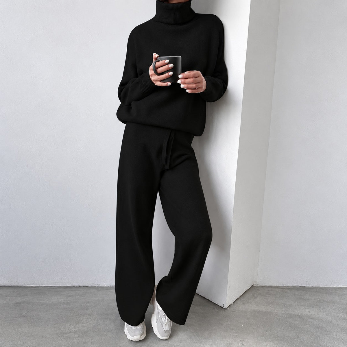 Conjunto casual para mujer suéter de cuello alto y pantalones de pierna ancha de ajuste relajado