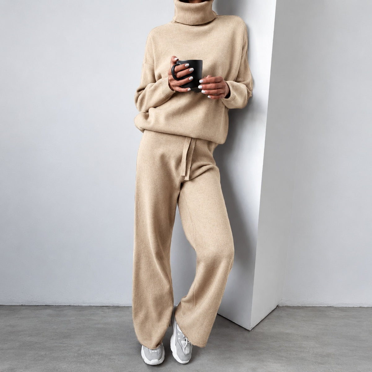 Conjunto casual para mujer suéter de cuello alto y pantalones de pierna ancha de ajuste relajado