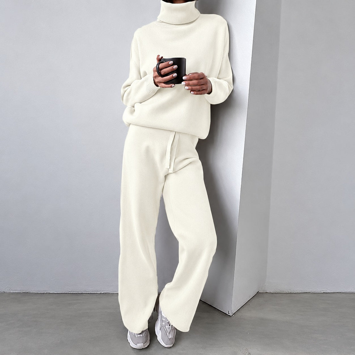 Conjunto casual para mujer suéter de cuello alto y pantalones de pierna ancha de ajuste relajado