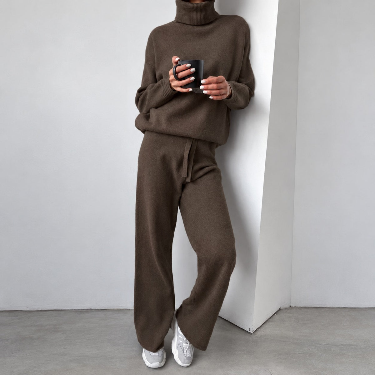 Conjunto casual para mujer suéter de cuello alto y pantalones de pierna ancha de ajuste relajado