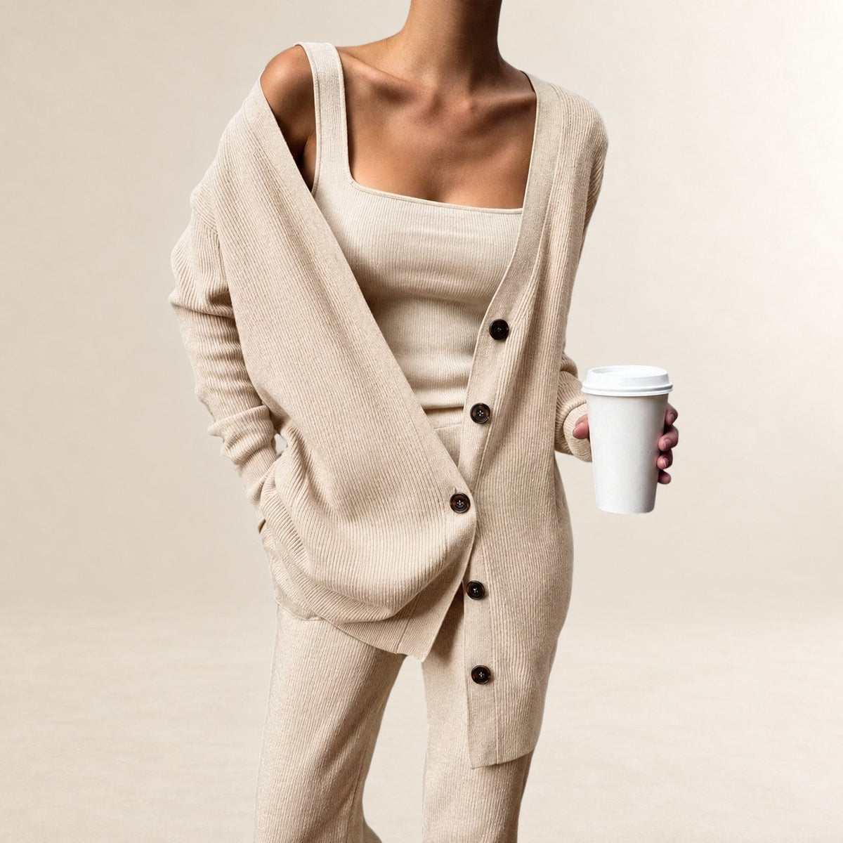 Conjunto de 3 piezas para mujer: cárdigan de manga larga con botones, top de cuello cuadrado y pantalón de pierna ancha con cintura elástica