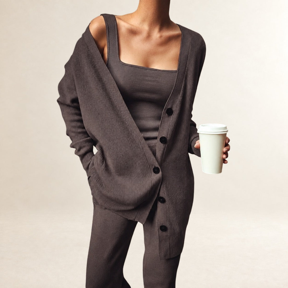 Conjunto de 3 piezas para mujer: cárdigan de manga larga con botones, top de cuello cuadrado y pantalón de pierna ancha con cintura elástica