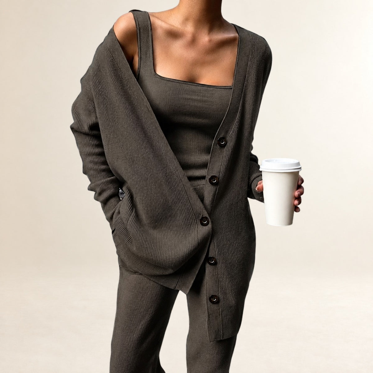 Conjunto de 3 piezas para mujer: cárdigan de manga larga con botones, top de cuello cuadrado y pantalón de pierna ancha con cintura elástica