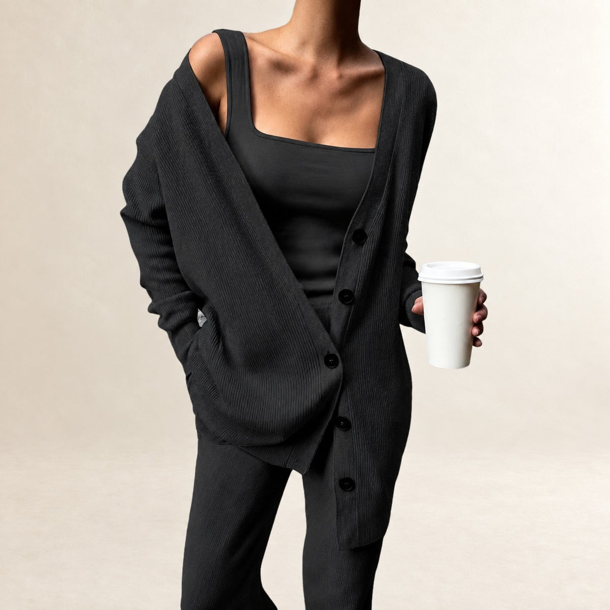Conjunto de 3 piezas para mujer: cárdigan de manga larga con botones, top de cuello cuadrado y pantalón de pierna ancha con cintura elástica