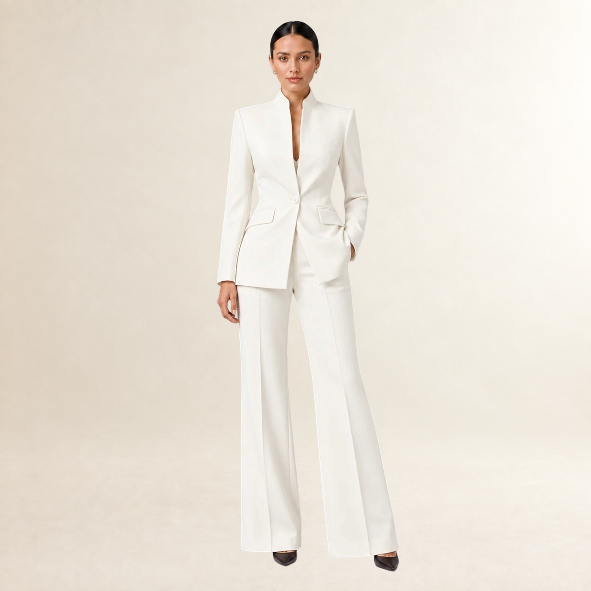 Conjunto de Blazer Entallada y Pantalón de Pierna Ancha para Mujer - Diseño Sin Cuello y Corte Estructurado