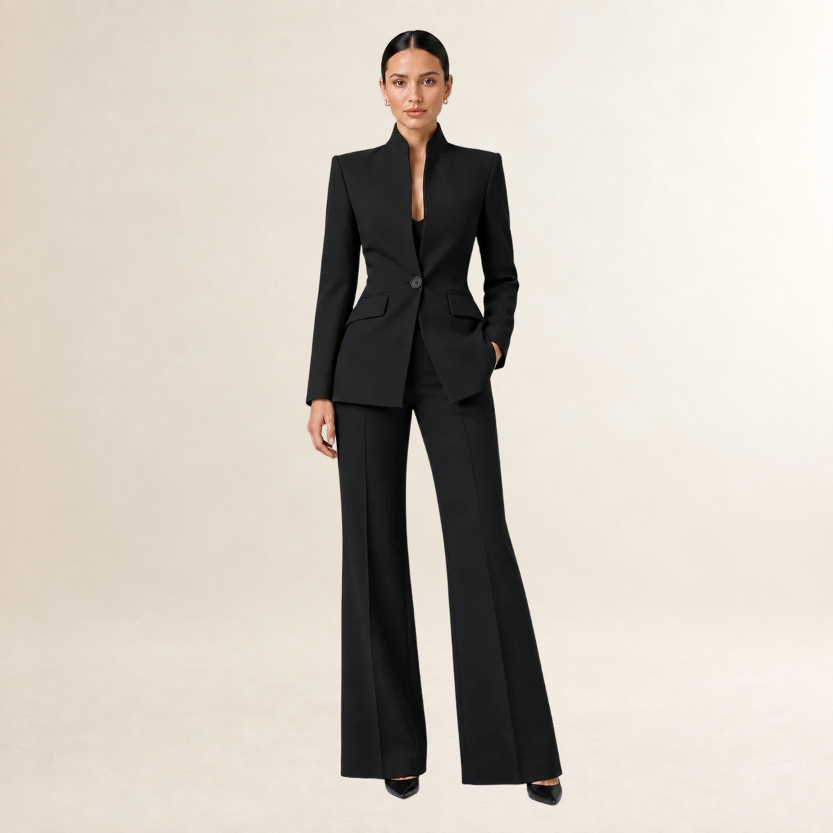 Conjunto de Blazer Entallada y Pantalón de Pierna Ancha para Mujer - Diseño Sin Cuello y Corte Estructurado