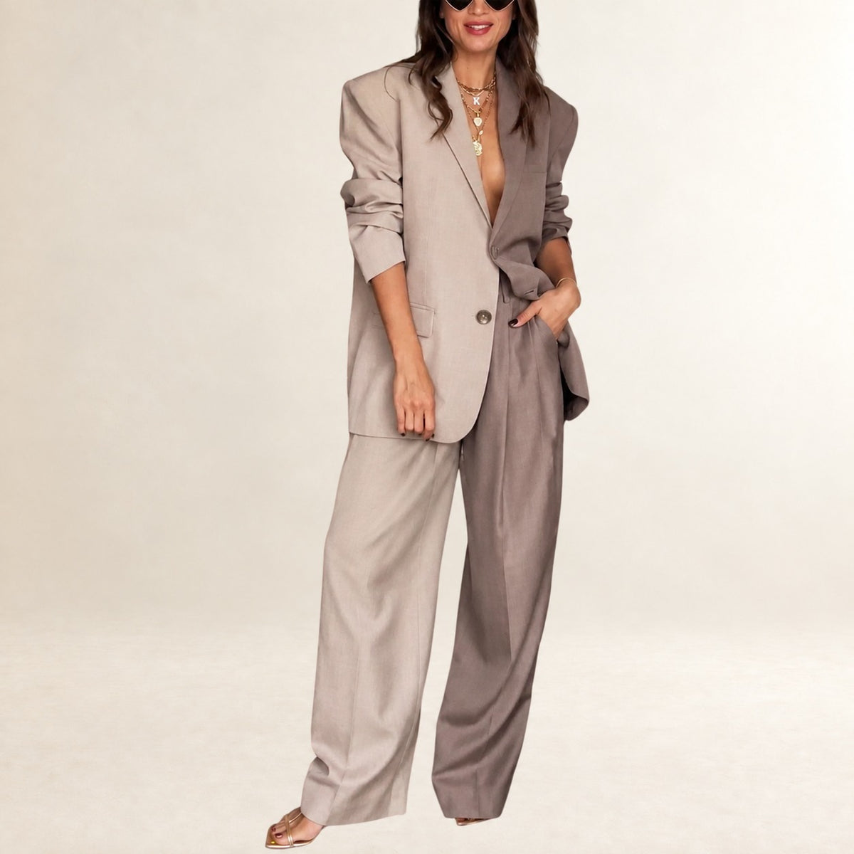 Conjunto de blazer y pantalón para mujer con blazer oversize de solapa y pantalones anchos de tiro alto con pliegues