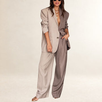 Conjunto de blazer y pantalón para mujer con blazer oversize de solapa y pantalones anchos de tiro alto con pliegues