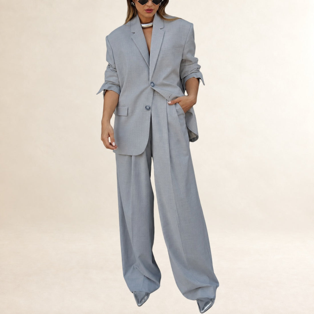 Conjunto de blazer y pantalón para mujer con blazer oversize de solapa y pantalones anchos de tiro alto con pliegues