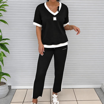 Conjunto de blusa de mujer con escote en V y pantalones rectos - Diseño en bloques de color, ajuste relajado