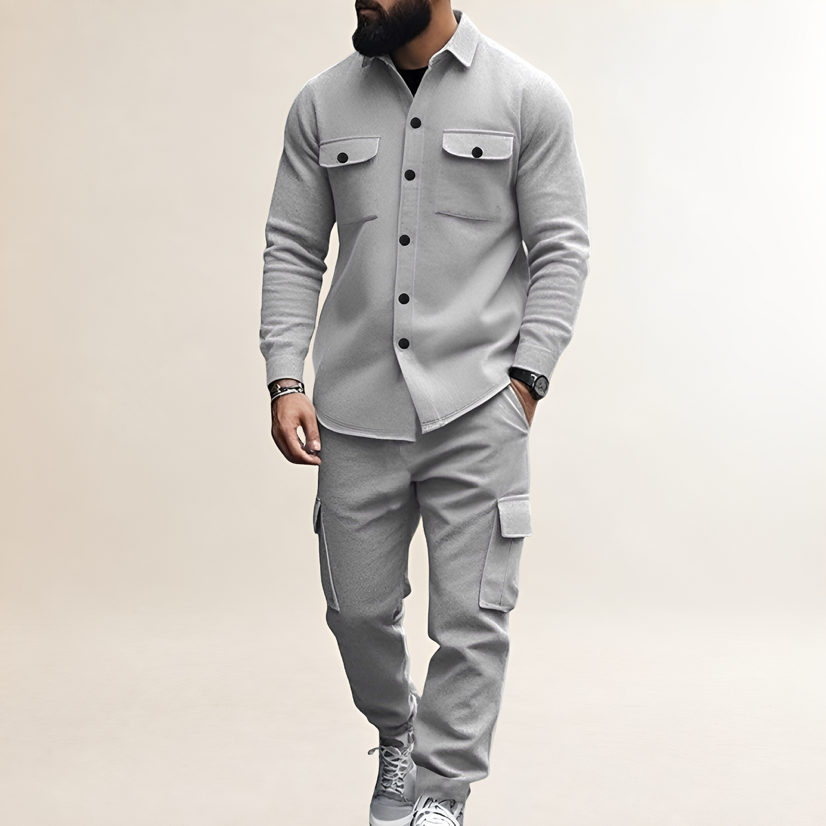 Conjunto de cargo para hombre - Camisa con cierre de botones y bolsillos en el pecho con pantalones de cintura elástica