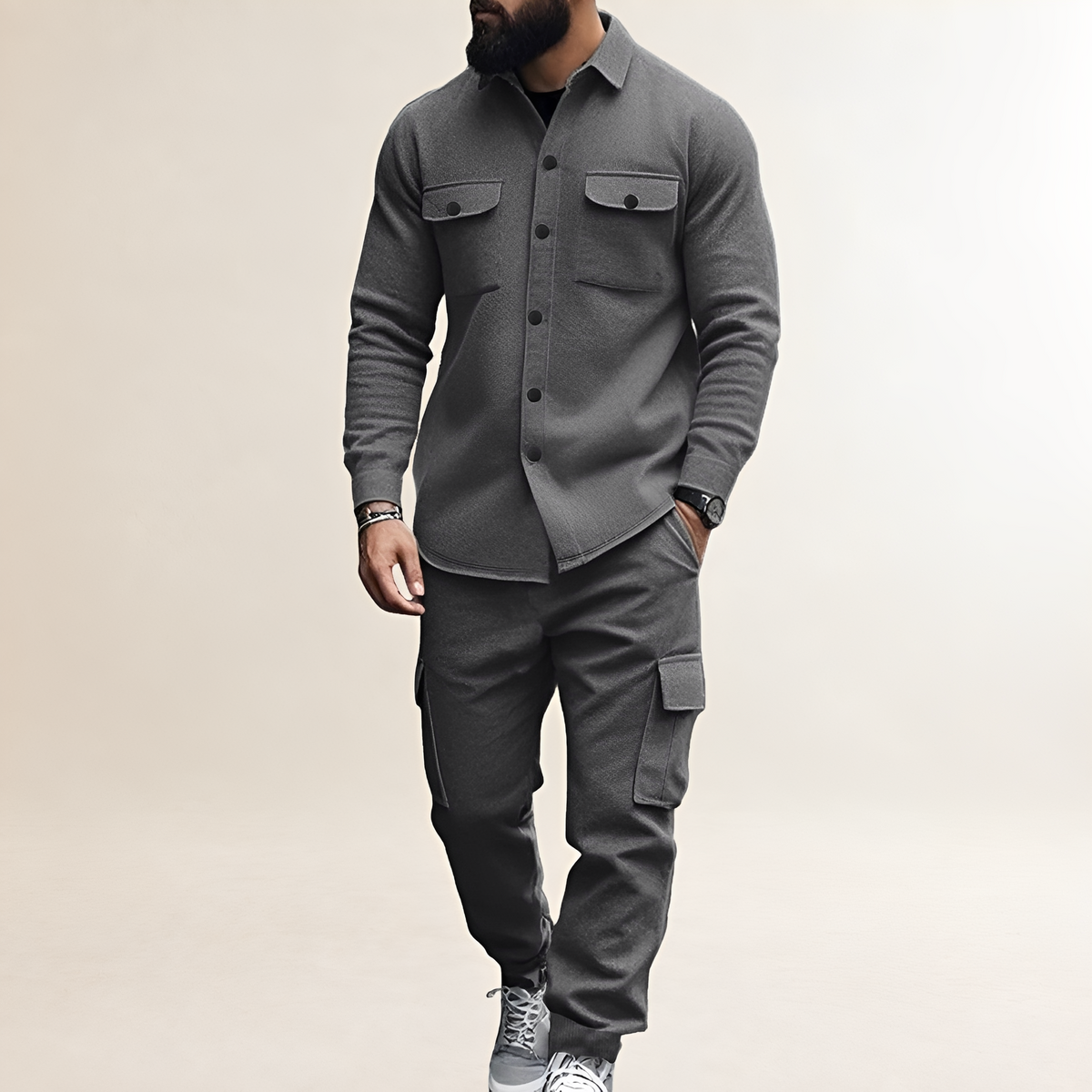 Conjunto de cargo para hombre - Camisa con cierre de botones y bolsillos en el pecho con pantalones de cintura elástica