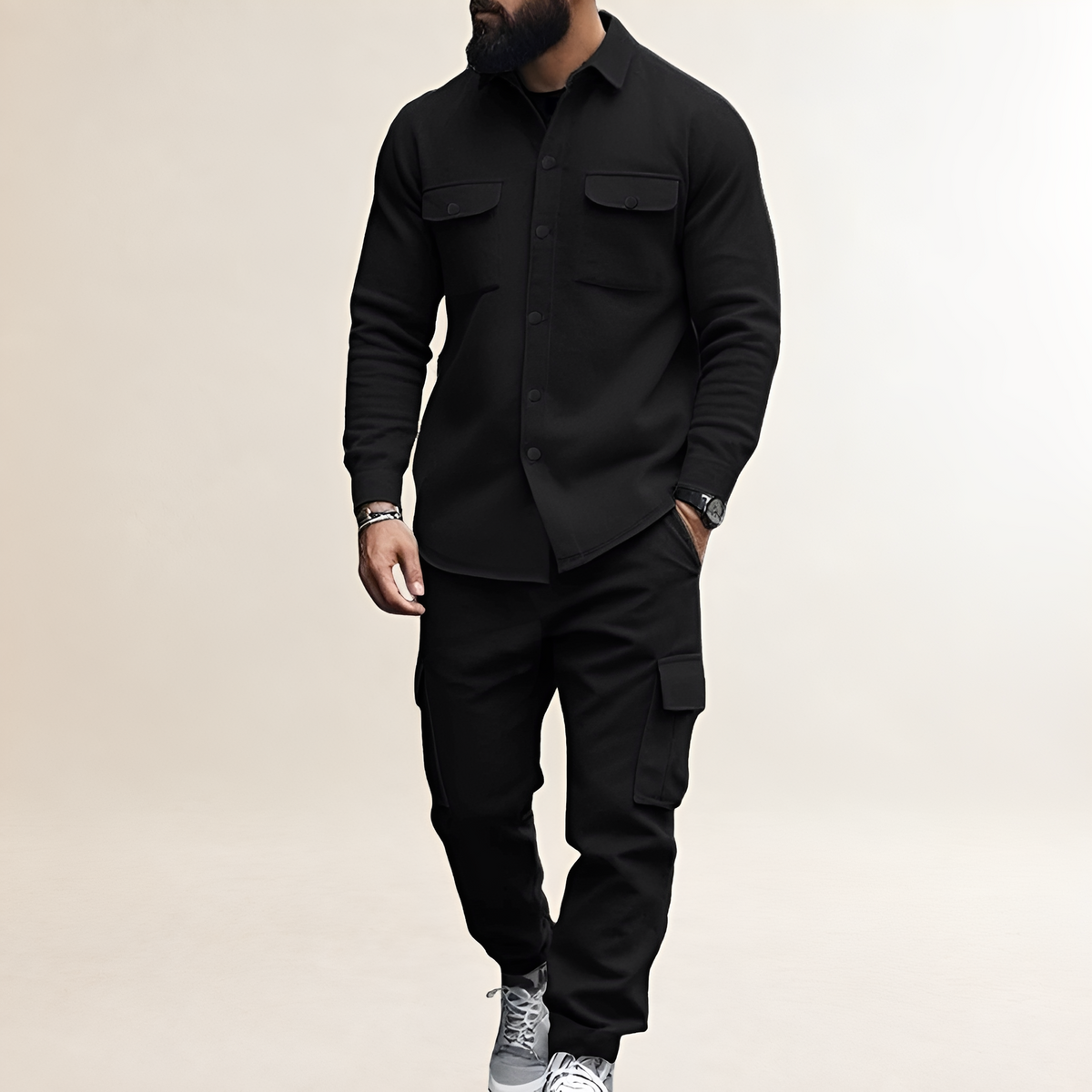 Conjunto de cargo para hombre - Camisa con cierre de botones y bolsillos en el pecho con pantalones de cintura elástica
