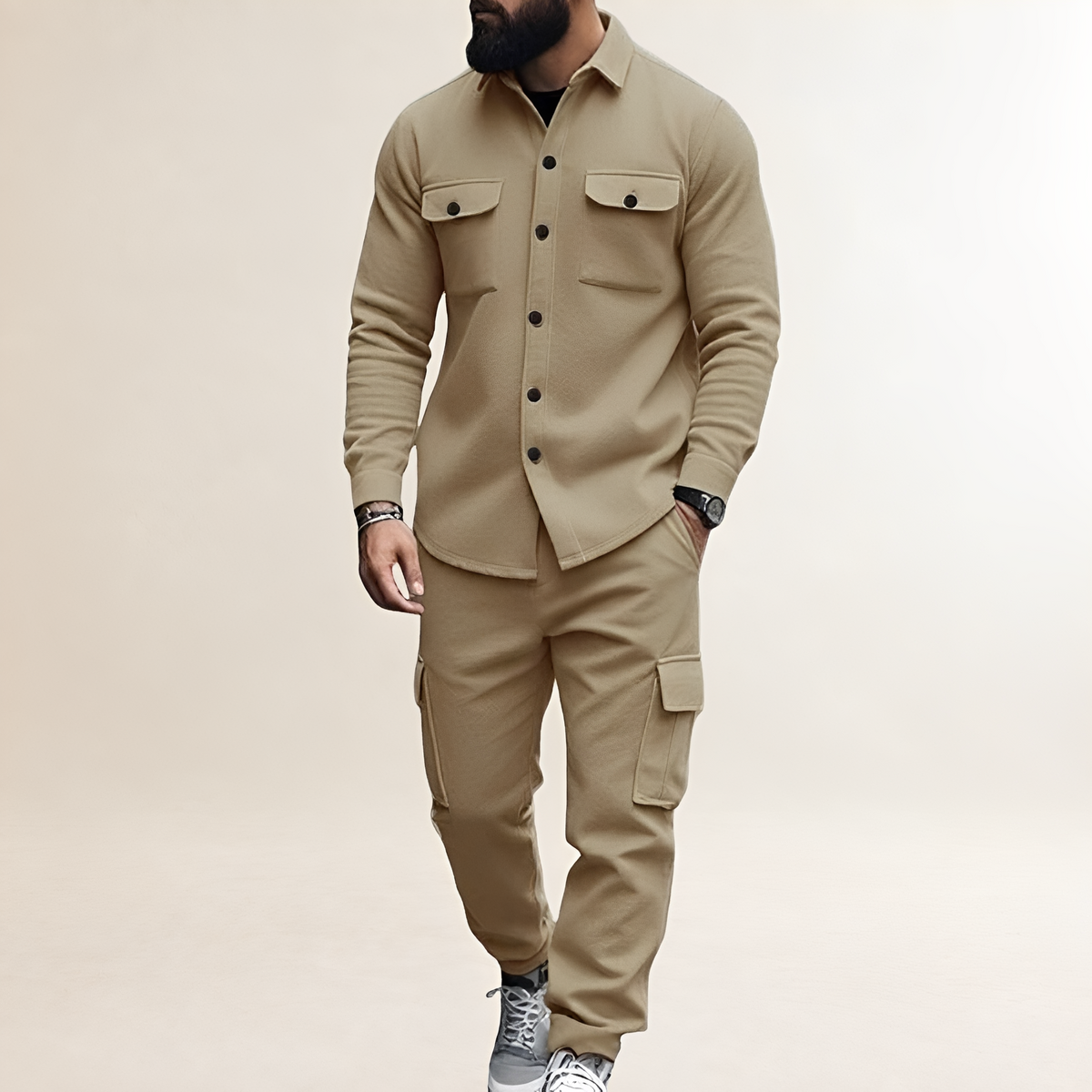 Conjunto de cargo para hombre - Camisa con cierre de botones y bolsillos en el pecho con pantalones de cintura elástica