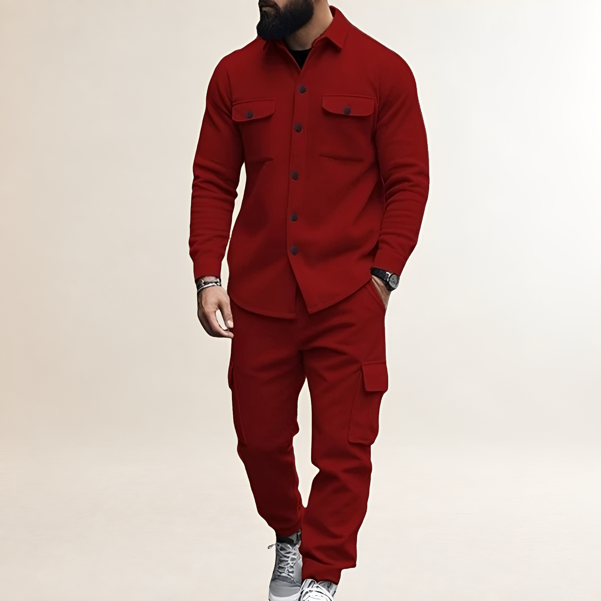 Conjunto de cargo para hombre - Camisa con cierre de botones y bolsillos en el pecho con pantalones de cintura elástica