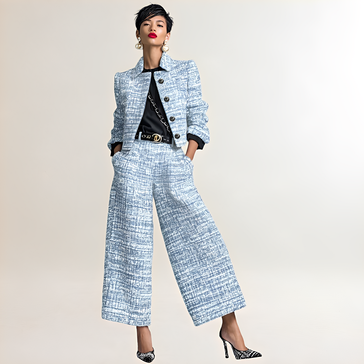 Conjunto de mujer: blazer corto con botonadura frontal y pantalón de tiro alto de pierna recta