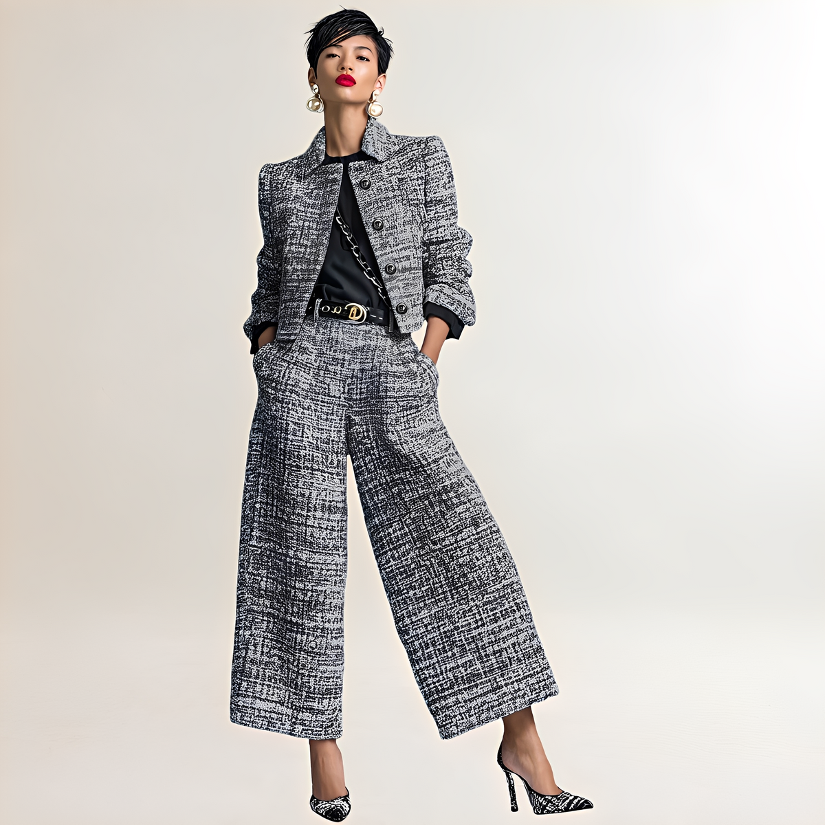 Conjunto de mujer: blazer corto con botonadura frontal y pantalón de tiro alto de pierna recta