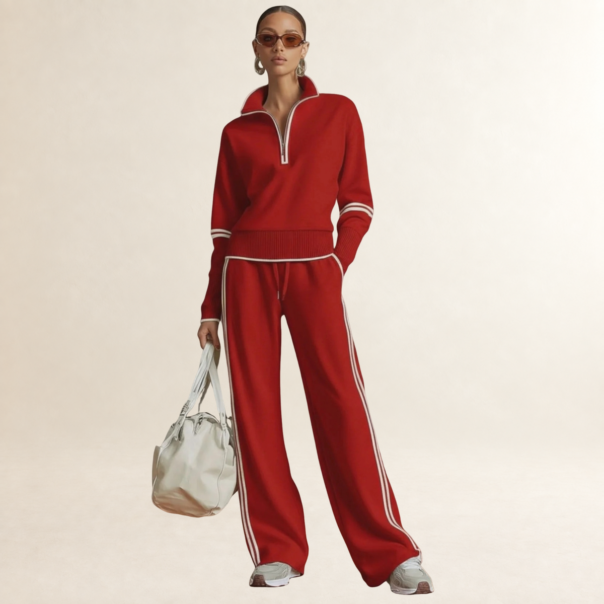 Conjunto de mujer con sudadera de medio cierre y pantalones de pierna ancha con rayas deportivas