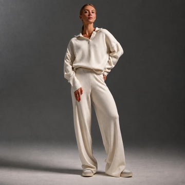 Conjunto de ropa de descanso para mujer con cuello polo, manga larga y pantalones de pierna ancha