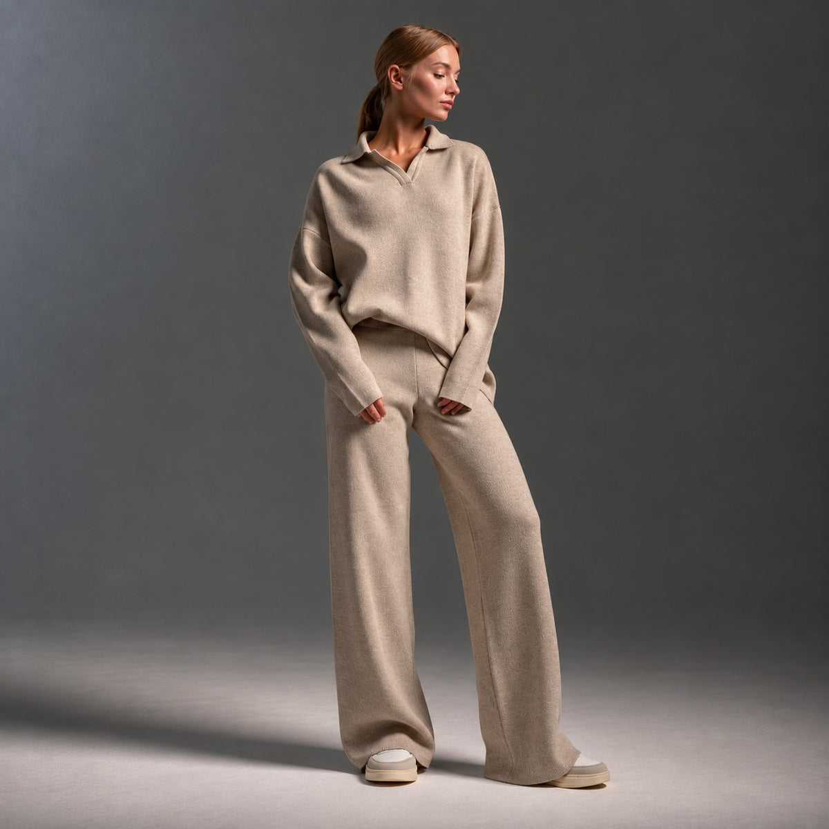 Conjunto de ropa de descanso para mujer con cuello polo, manga larga y pantalones de pierna ancha