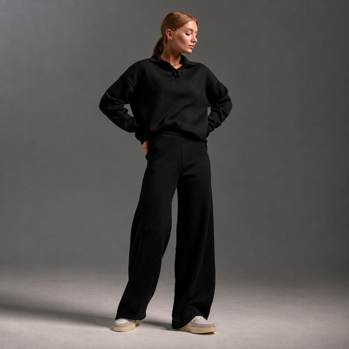 Conjunto de ropa de descanso para mujer con cuello polo, manga larga y pantalones de pierna ancha