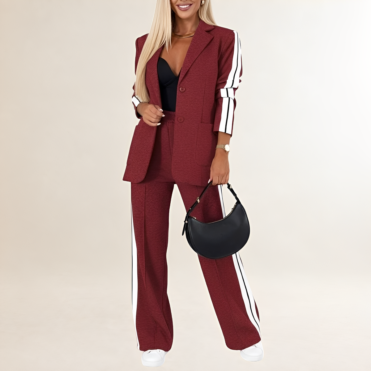 Conjunto de ropa deportiva para mujer blazer y pantalones de pierna ancha con rayas contrastadas