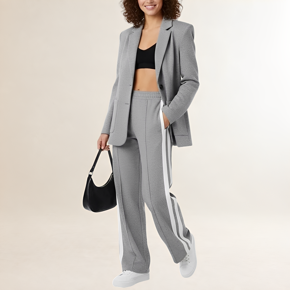 Conjunto de ropa deportiva para mujer blazer y pantalones de pierna ancha con rayas contrastadas