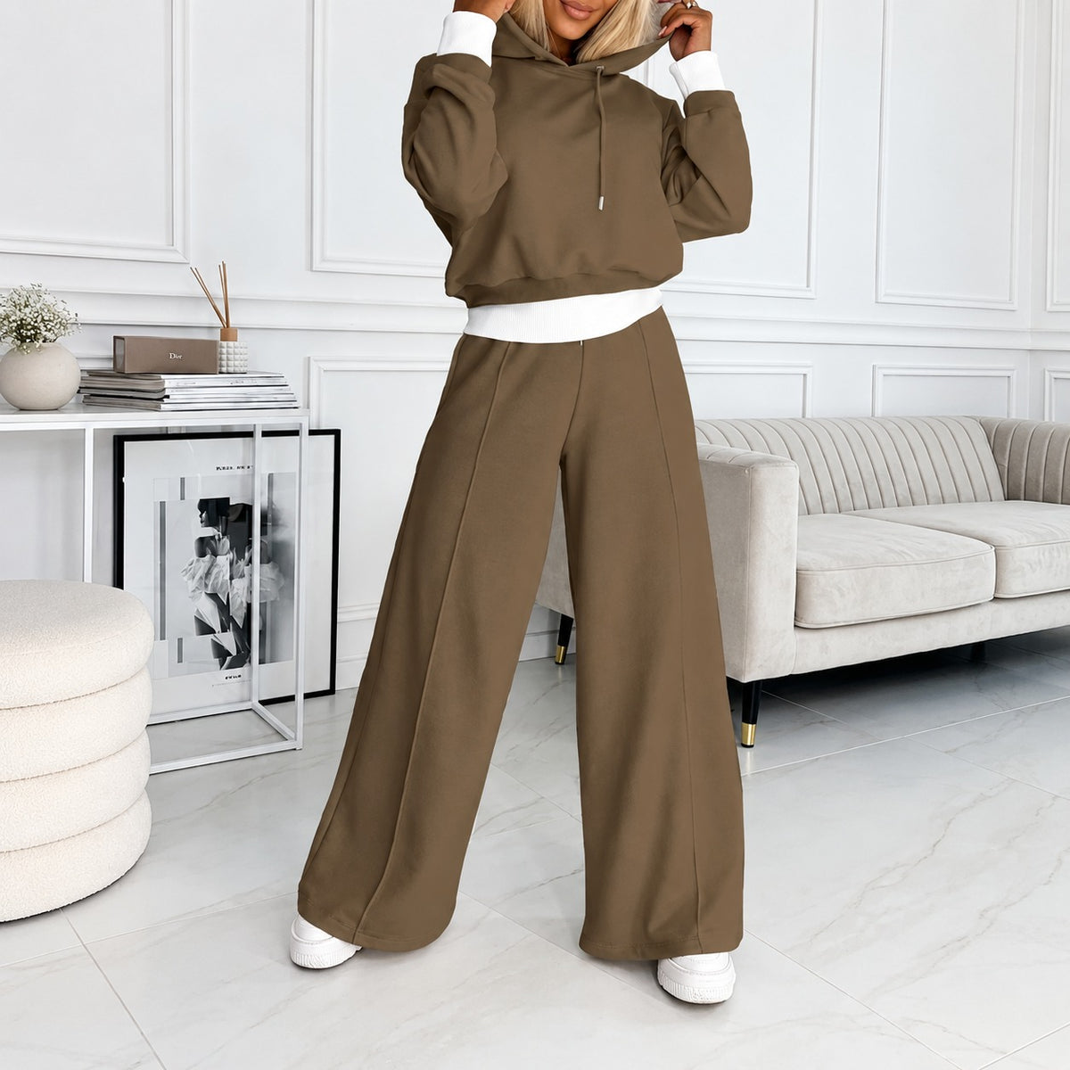 Conjunto de ropa para mujer con sudadera con capucha y pantalones de pierna ancha ajuste relajado