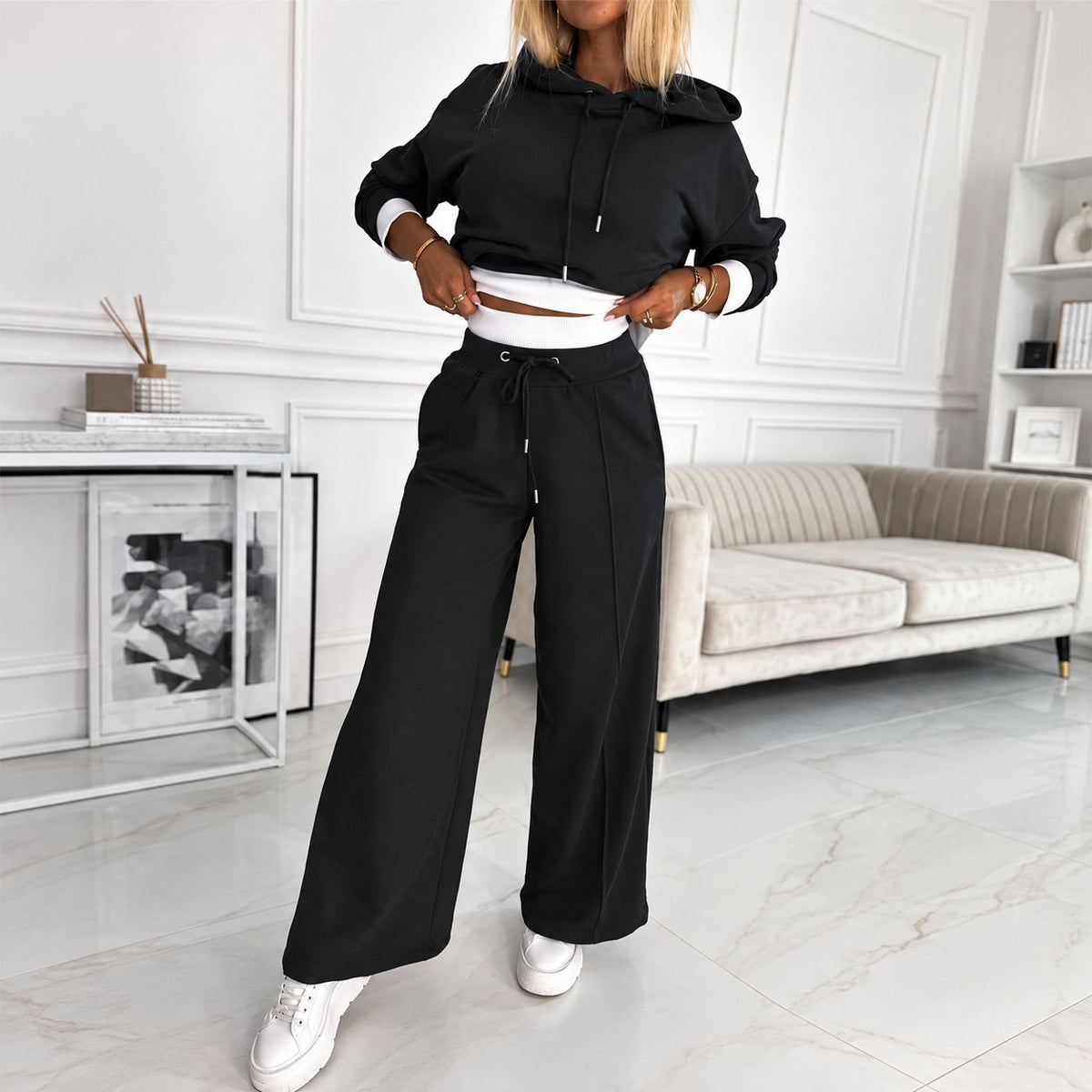 Conjunto de ropa para mujer con sudadera con capucha y pantalones de pierna ancha ajuste relajado