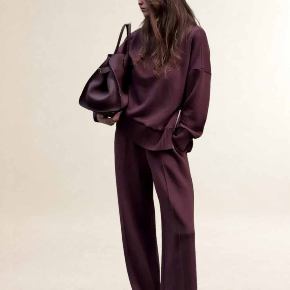 Conjunto de sudadera y pantalón para mujer con cuello alto acanalado y cremallera lateral; pantalón ancho con cintura elástica