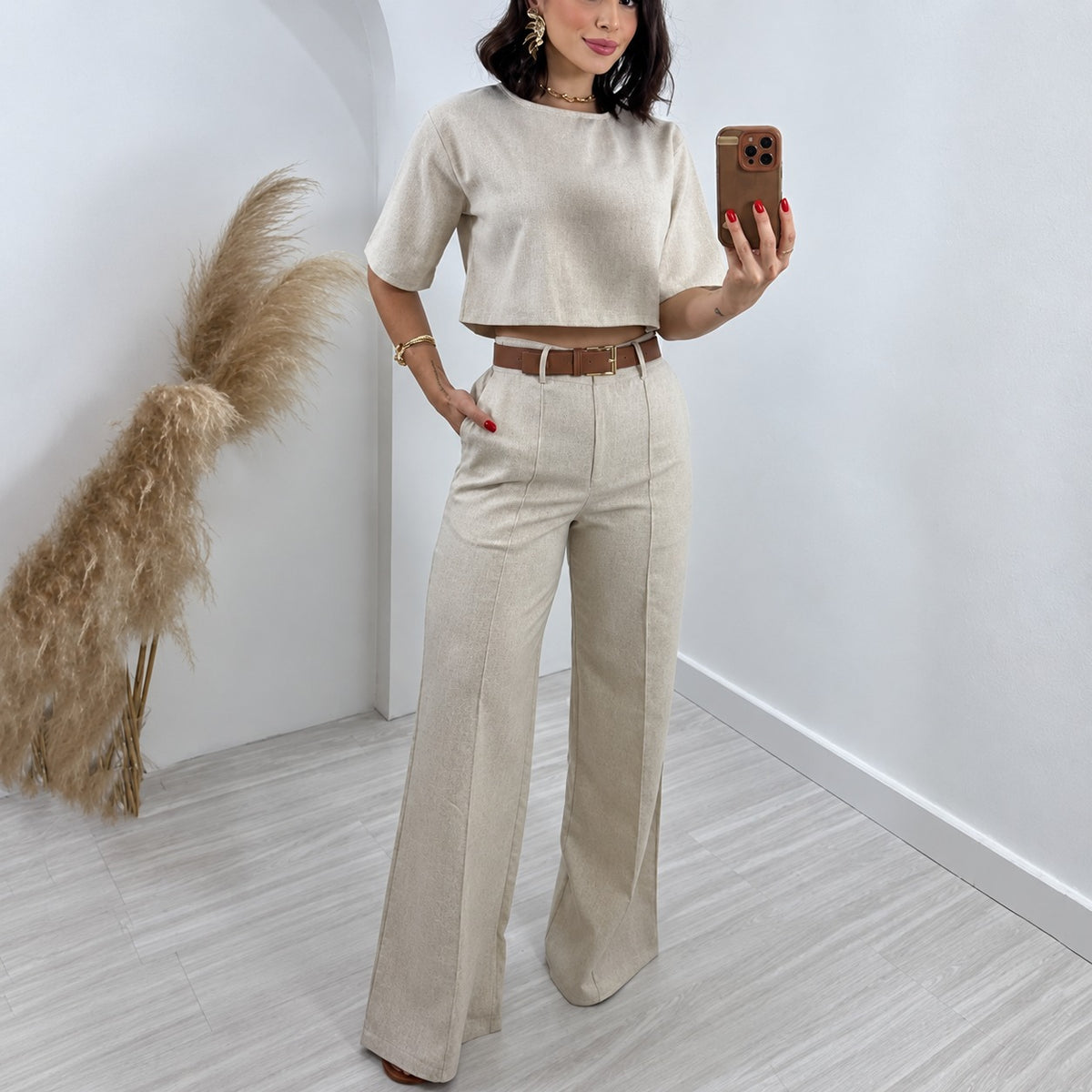 Conjunto de traje de dos piezas para mujer con top corto y pantalones de pierna ancha de tiro alto