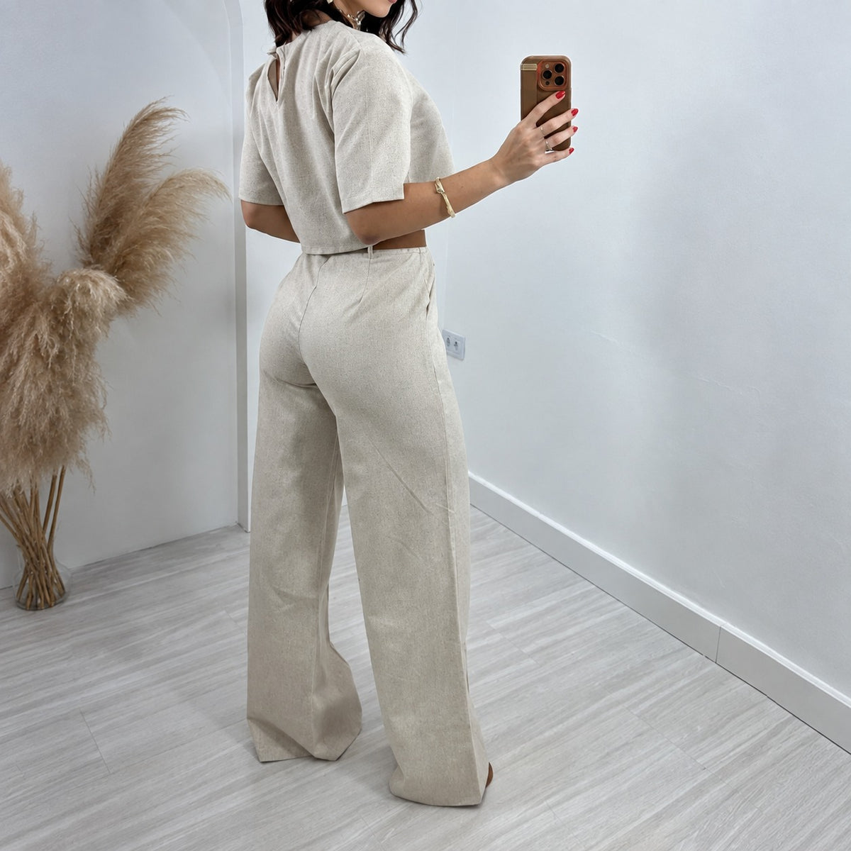 Conjunto de traje de dos piezas para mujer con top corto y pantalones de pierna ancha de tiro alto