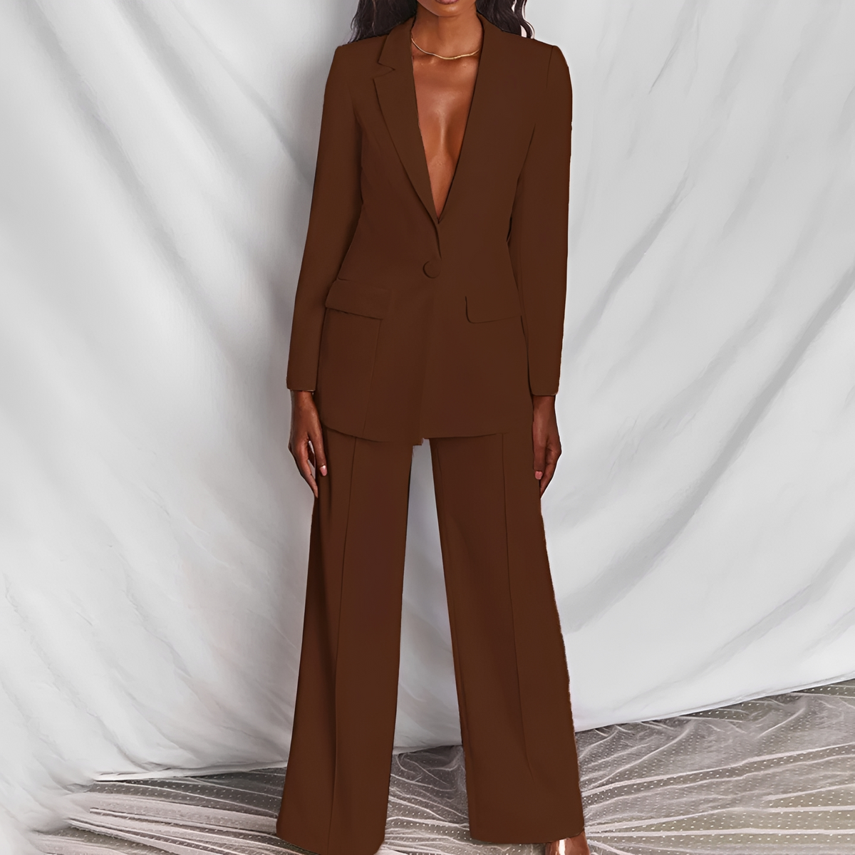 Conjunto de traje de mujer blazer y pantalón de pierna ancha ajuste entallado