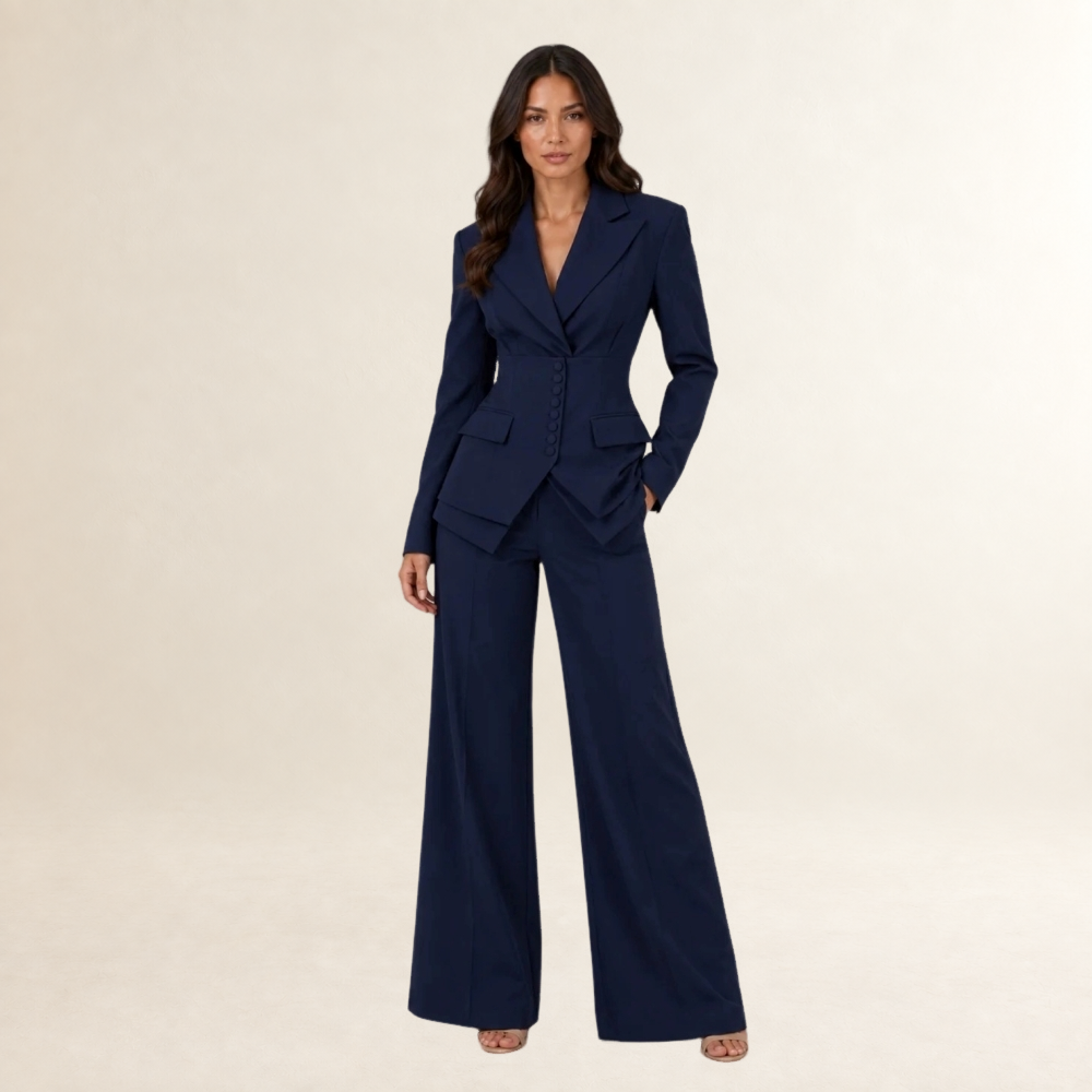 Conjunto de traje de mujer de tres piezas con blazer de doble botonadura pantalones de pierna ancha