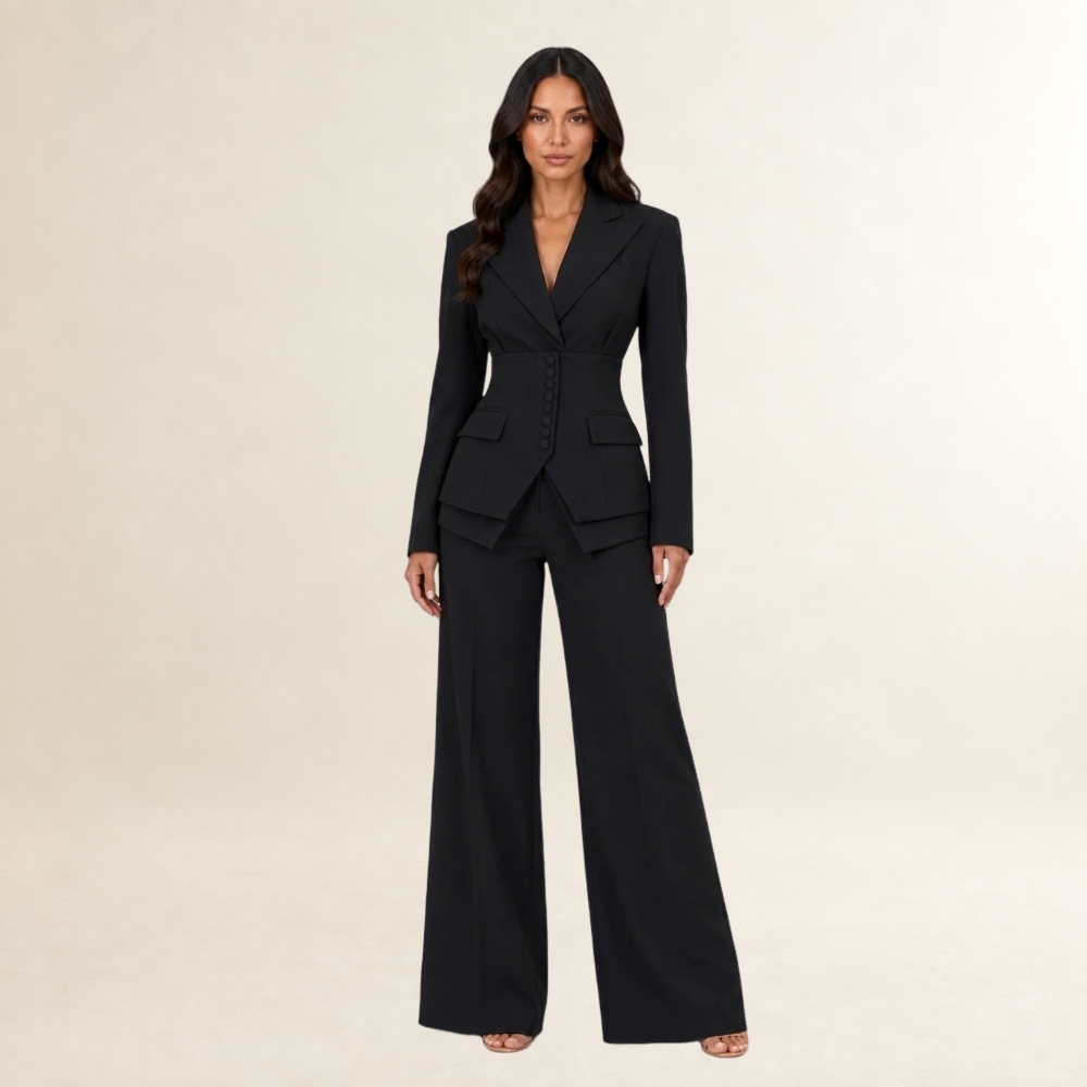 Conjunto de traje de mujer de tres piezas con blazer de doble botonadura pantalones de pierna ancha