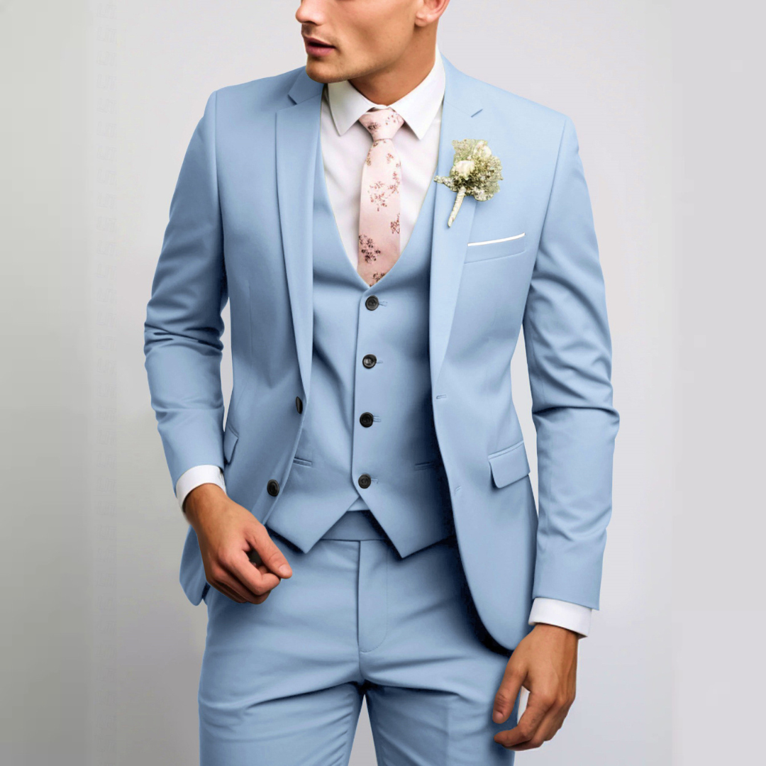 Conjunto de traje para hombre con chaqueta entallada, chaleco frontal y pantalones rectos, planchado sin arrugas