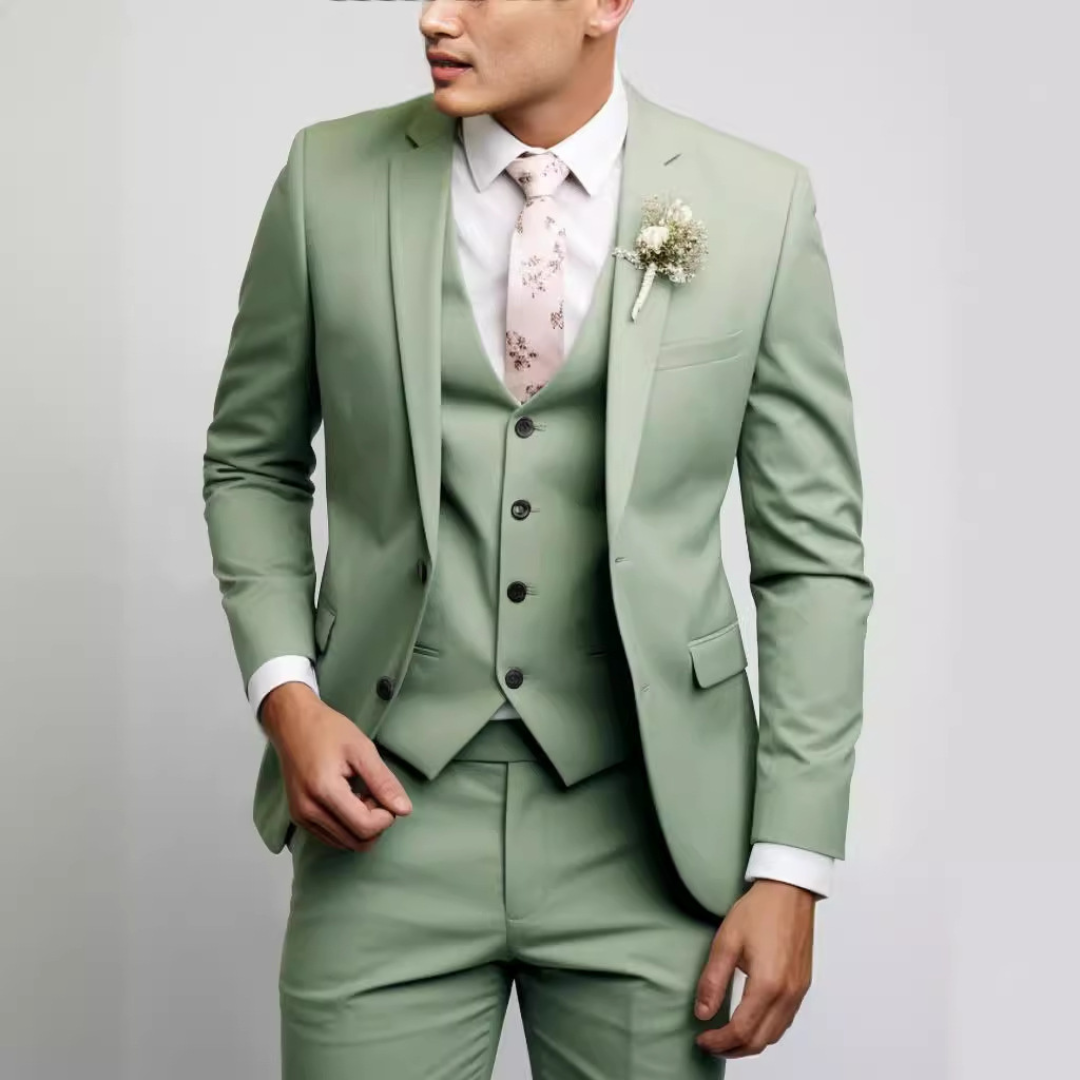 Conjunto de traje para hombre con chaqueta entallada, chaleco frontal y pantalones rectos, planchado sin arrugas