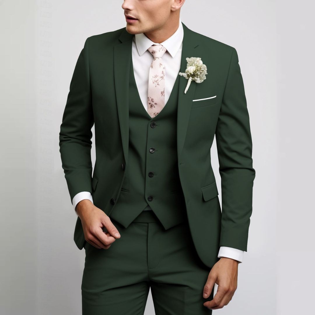 Conjunto de traje para hombre con chaqueta entallada, chaleco frontal y pantalones rectos, planchado sin arrugas
