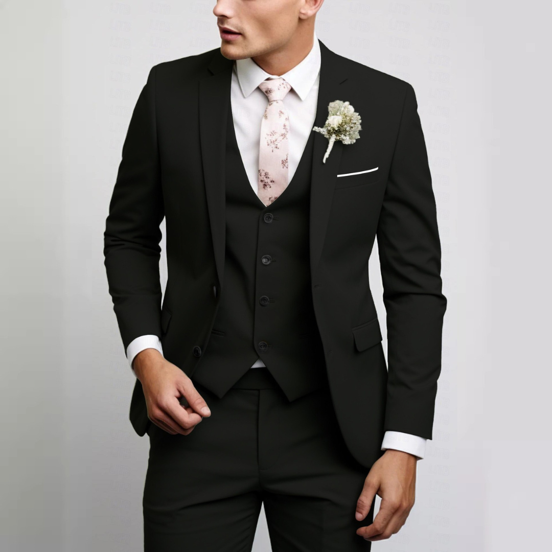 Conjunto de traje para hombre con chaqueta entallada, chaleco frontal y pantalones rectos, planchado sin arrugas