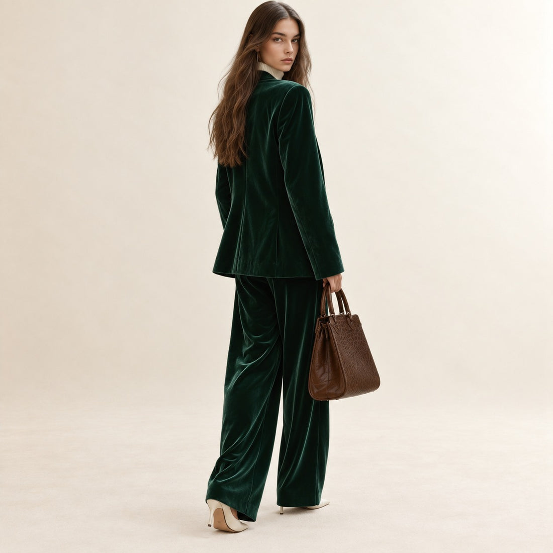 Conjunto de traje para mujer con blazer y pantalones de pierna ancha ajuste elegante