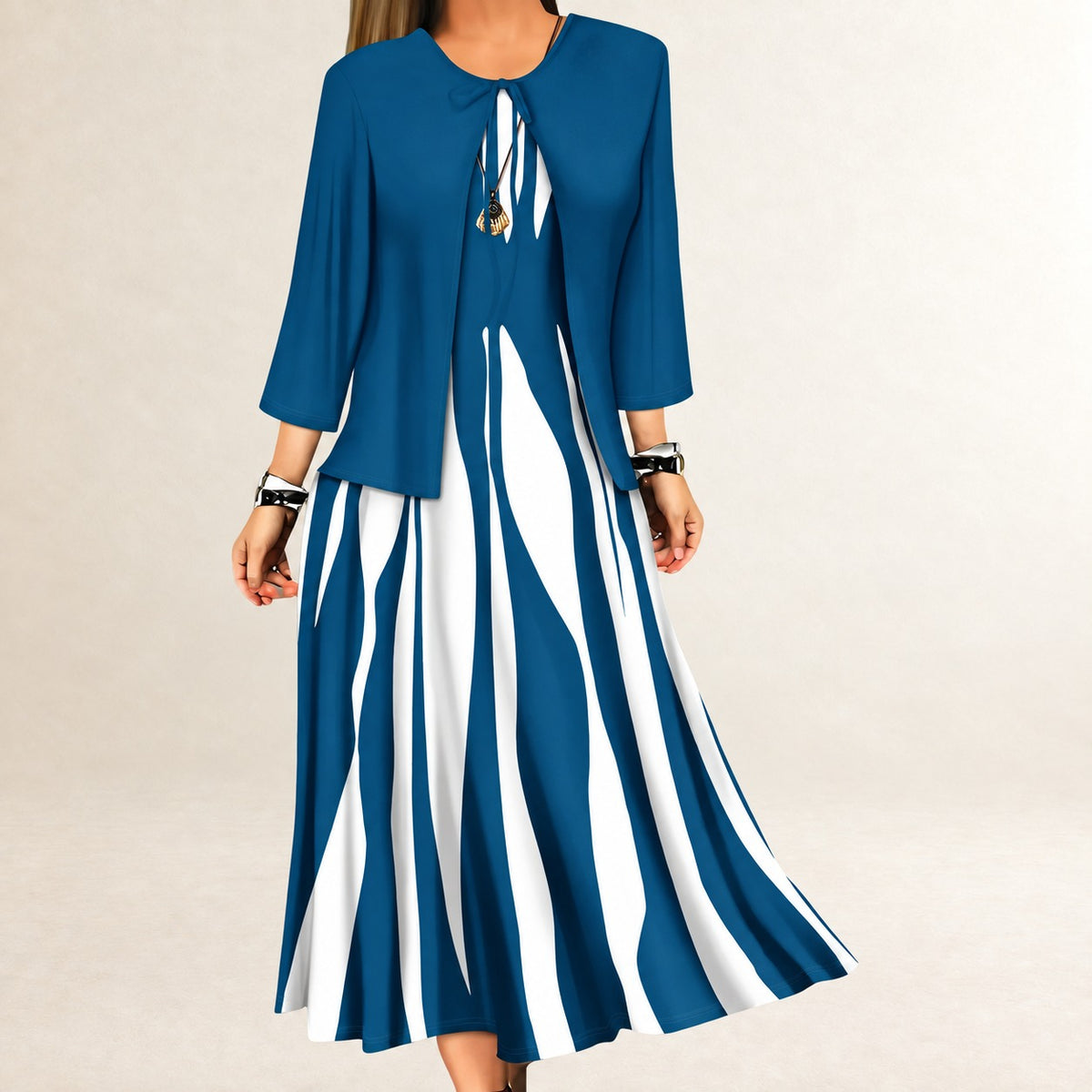 Conjunto de vestido de dos piezas para mujer: vestido maxi sin mangas con escote redondo y chaqueta abierta de manga 3/4 con rayas onduladas