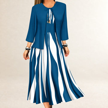 Conjunto de vestido de dos piezas para mujer: vestido maxi sin mangas con escote redondo y chaqueta abierta de manga 3/4 con rayas onduladas