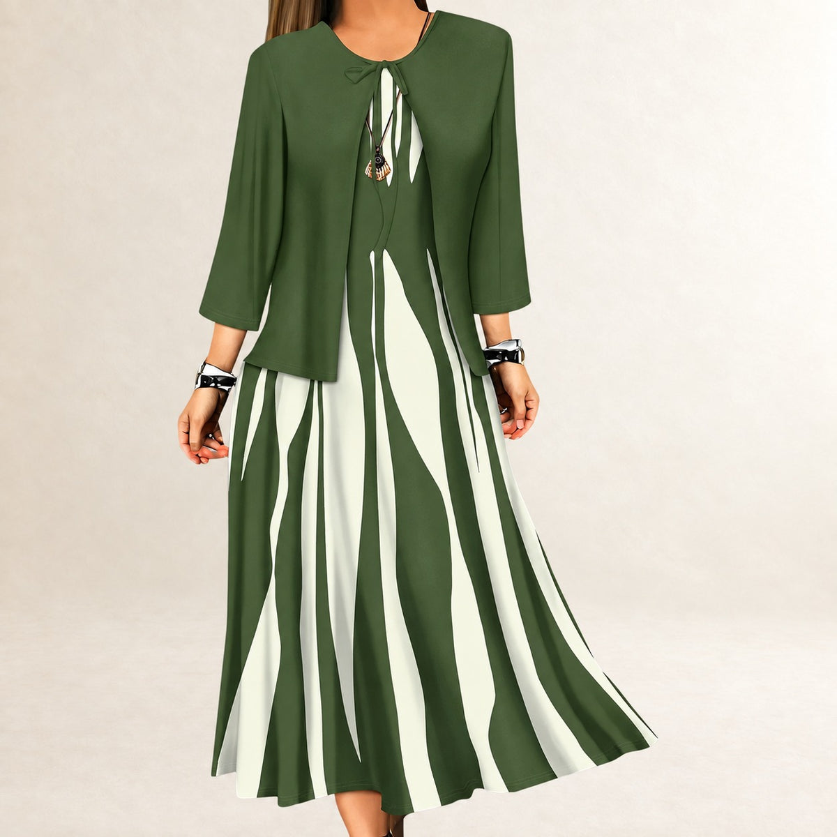 Conjunto de vestido de dos piezas para mujer: vestido maxi sin mangas con escote redondo y chaqueta abierta de manga 3/4 con rayas onduladas