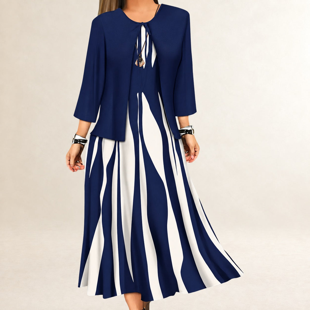 Conjunto de vestido de dos piezas para mujer: vestido maxi sin mangas con escote redondo y chaqueta abierta de manga 3/4 con rayas onduladas