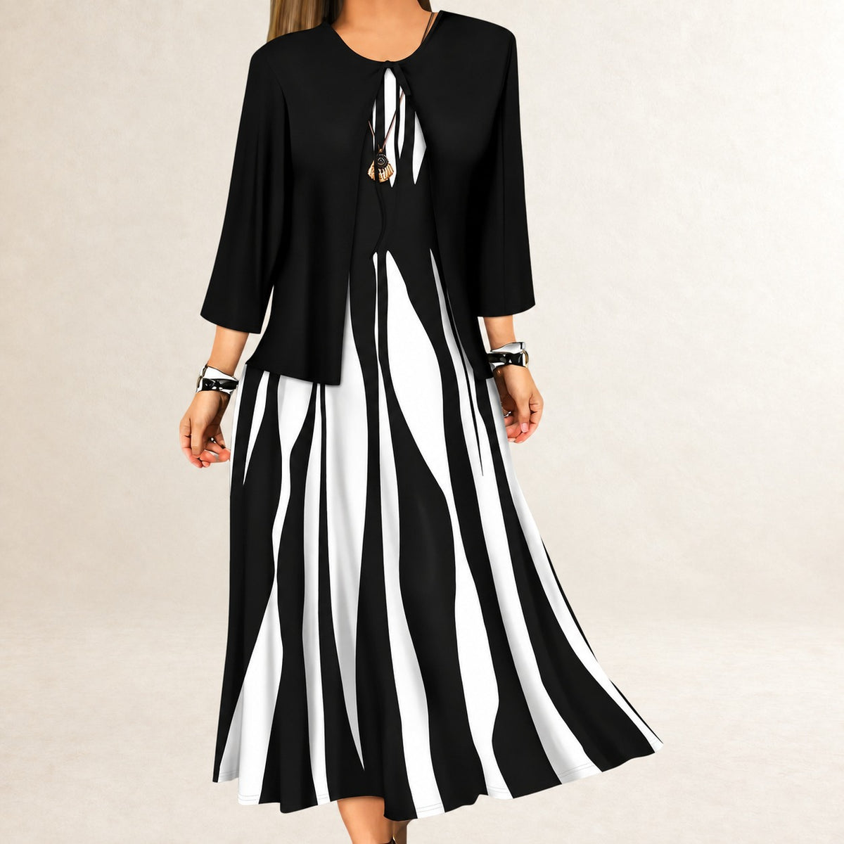 Conjunto de vestido de dos piezas para mujer: vestido maxi sin mangas con escote redondo y chaqueta abierta de manga 3/4 con rayas onduladas
