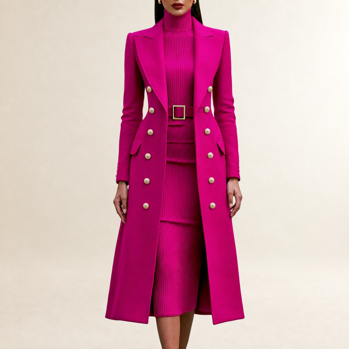 Conjunto de vestido y abrigo mujer de corte entallado con doble botonadura y cuello alto