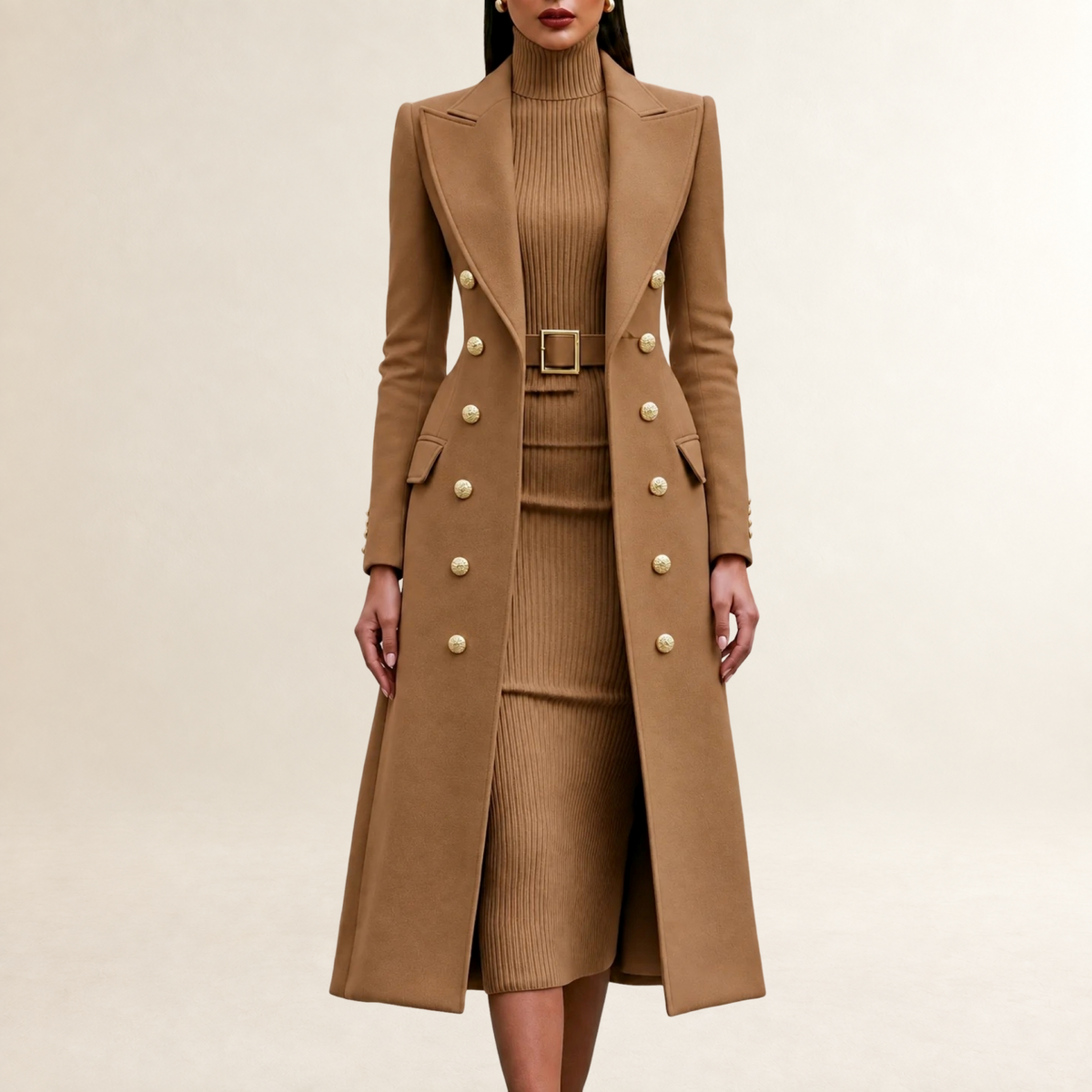 Conjunto de vestido y abrigo mujer de corte entallado con doble botonadura y cuello alto